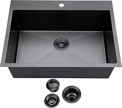 Large 33" Single Bowl Gunmetal Black Farmhouse Kitchen Sink, 33x22 Top Mount Design, 16 Gauge SUS304 Stainless Steel