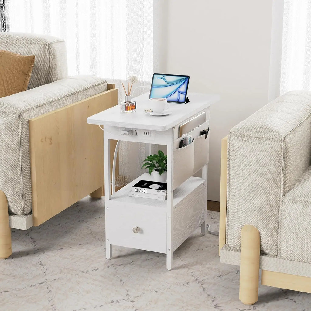 Small Side Table with Charging Station, Narrow Nightstand Bedside Tables with Storage Pocket for Living Room Bedroom, Sofa End Table