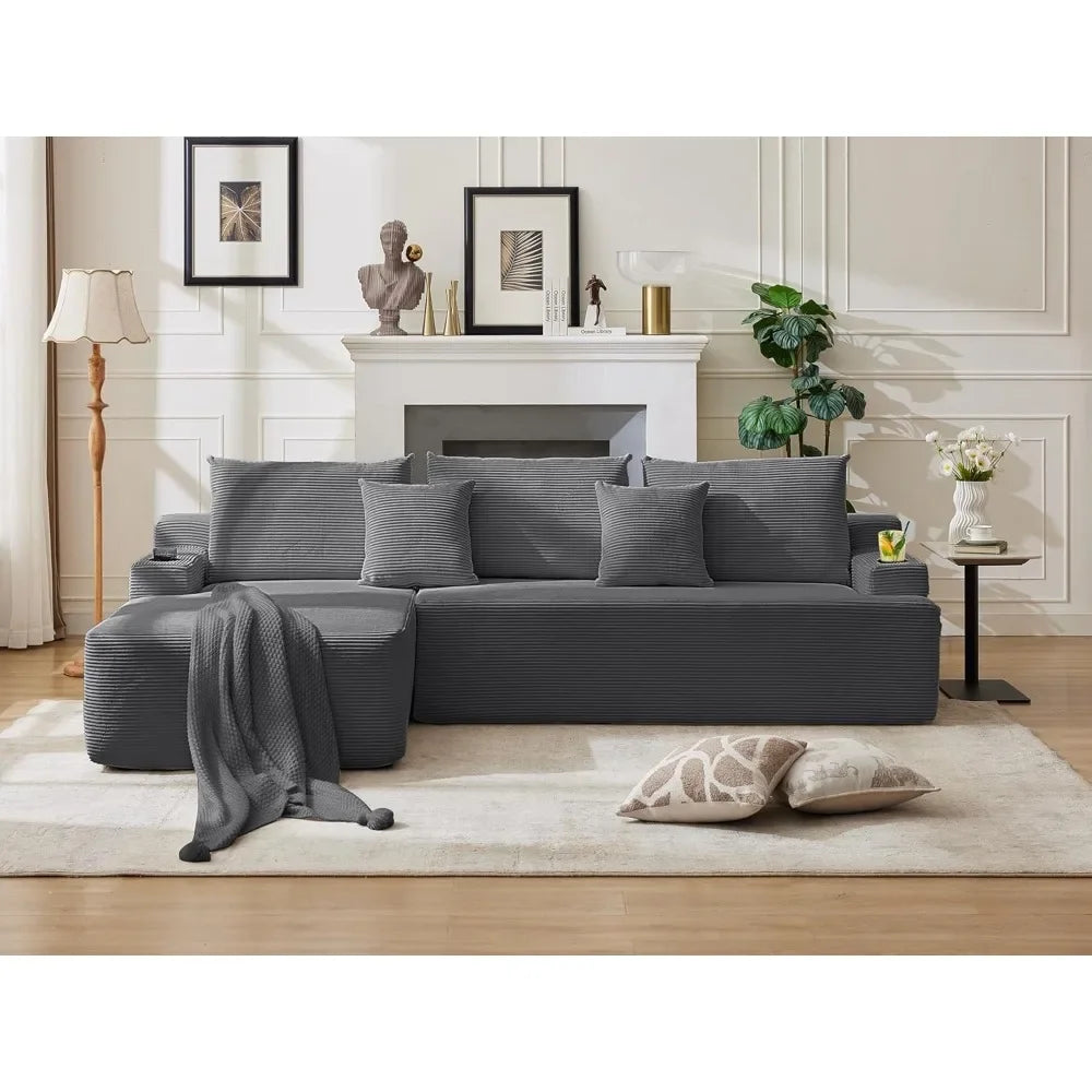 Cloud Sectional Couch Corduroy L-Shape Chaise Modular Sofa Deep Seat Boneless Couch Upholstered Living Room Furniture