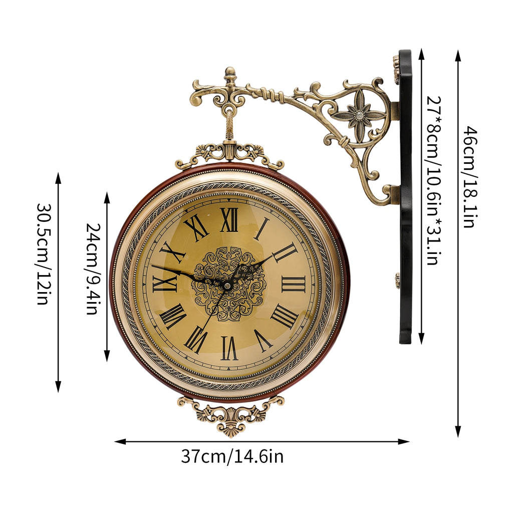 Double-Sided Wall Clock Vintage Style, 12-inch Silent Round Clock with 360° Rotation, Easy-to-Read Dual-Sided Dial for Living Room Office, Brown