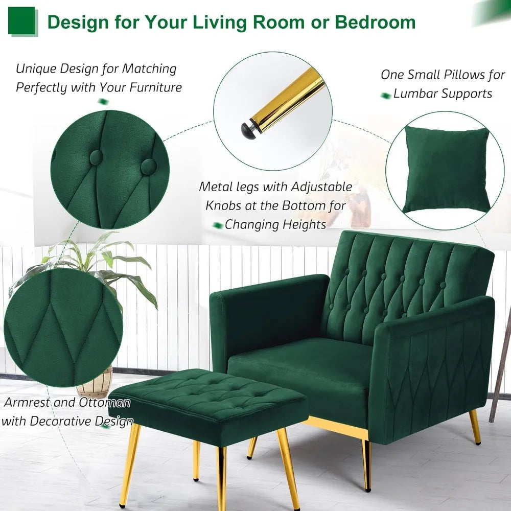 Upholstered Reclining Chair/Ottoman with Adjustable Armrests and Back, Button-Tufted Relaxation Seat