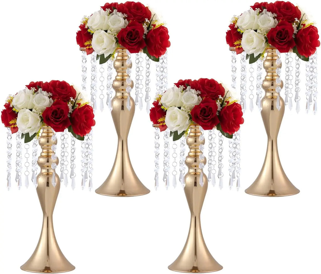 Gold Metal Vases for Wedding Centerpieces 4 Pcs, Tall Flower Vase for Table Decorations with Shiny Gold Finish, Elegant Trumpet Centerpiece Stand for Anniversary Party Birthday Home Decor