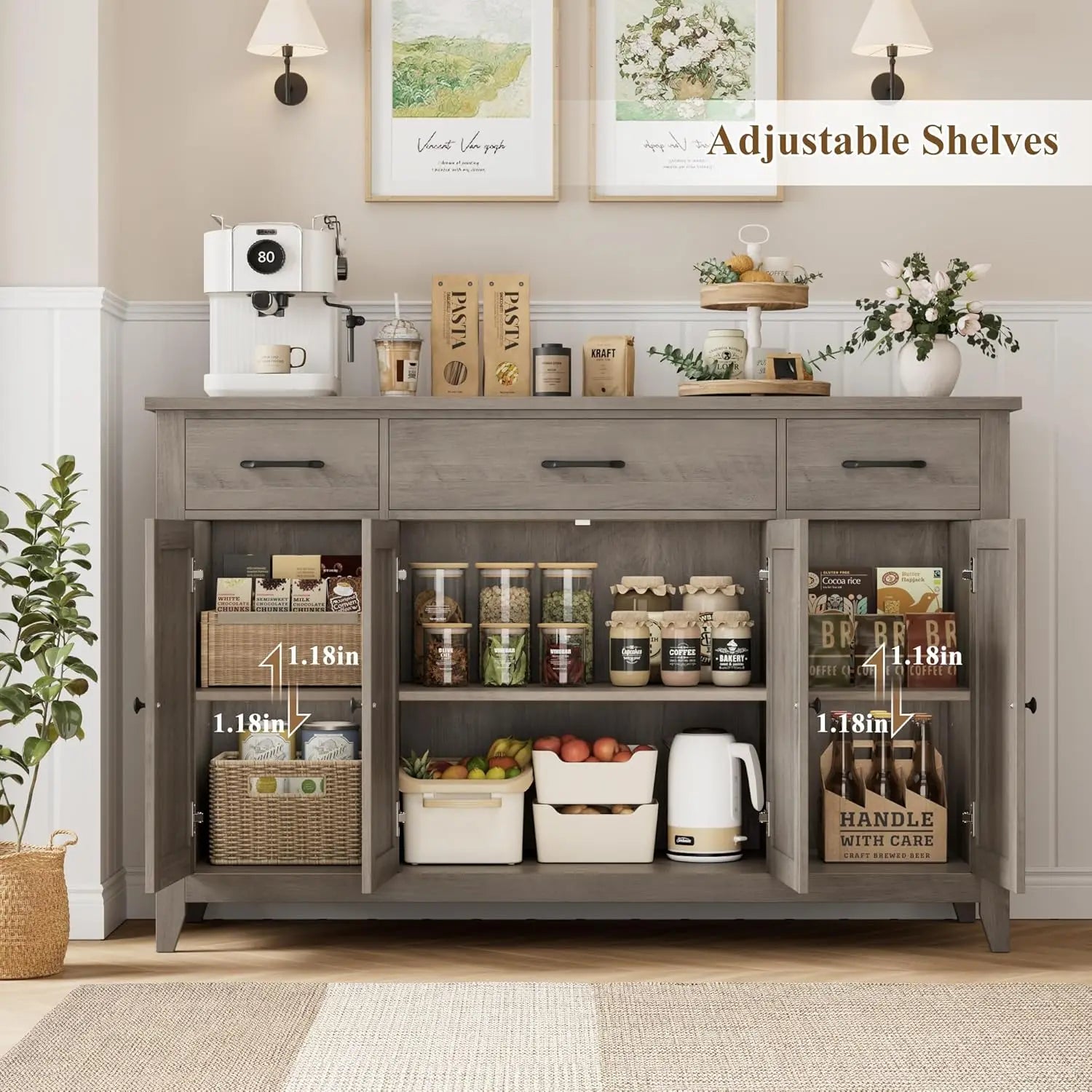 55" Modern Farmhouse Sideboard Buffet with Drawers, Large Kitchen Storage Cabinet, Adjustable Shelves, Grey