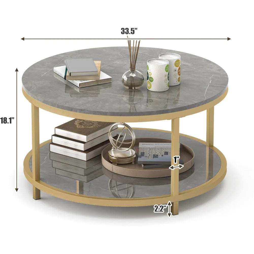 Round Coffee Table 33.5" Coffee Table for Living Room High Glossy Faux Marble Top Modern Circle Table Sturdy Gold Metal Frame