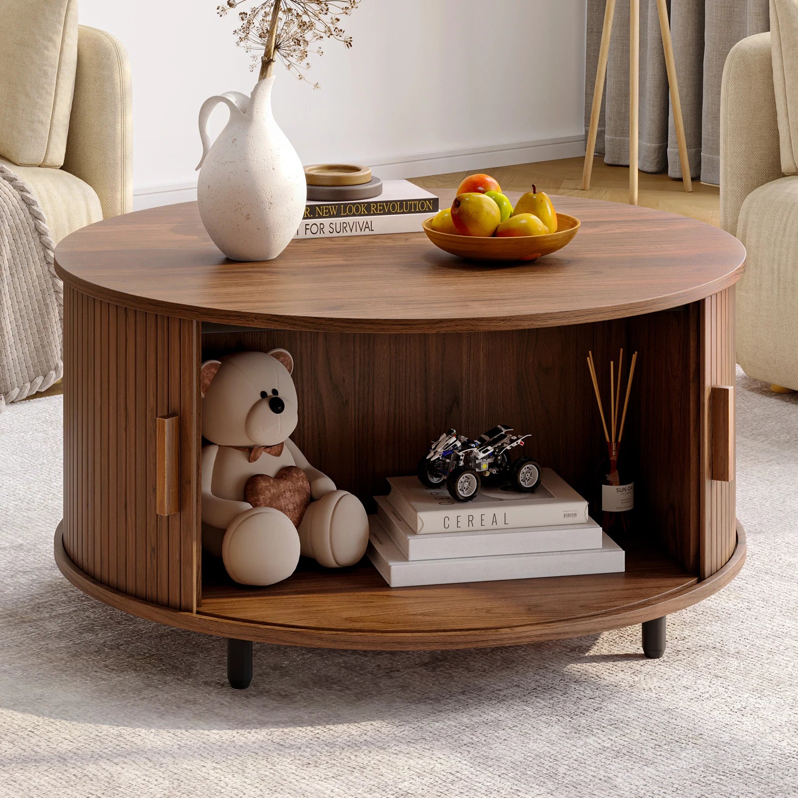 Round Coffee Table with Storage,31.5"/ Modern Coffee Table with 360° Curved Sliding Door, Fluted Wood Accent Coffee Table
