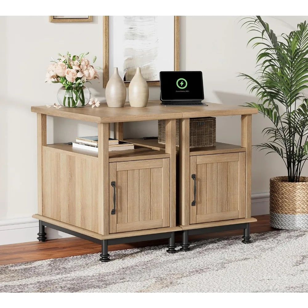 Set of 2 End Tables with Charging Station, Sofa Side Tables with Storage Cabinet for Living Room, Light Wood Bedside Table