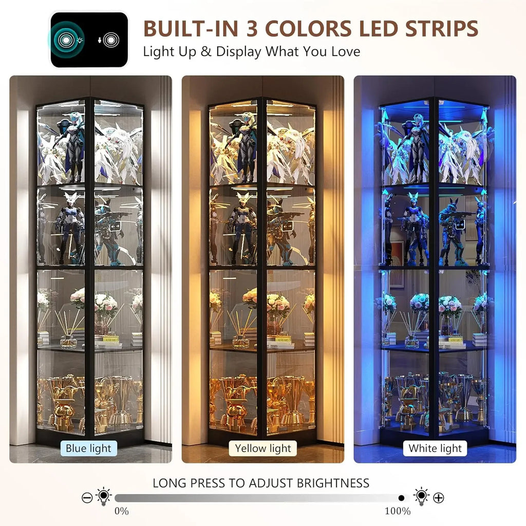 Display Cabinet with Glass Doors, 68" Corner Curio Cabinet with LED Lights, 4-Tier Glass Display Case for Collectibles/Toys