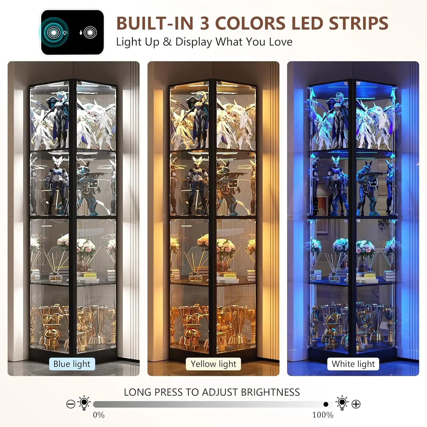 Display Cabinet with Glass Doors, 68" Corner Curio Cabinet with LED Lights, 4-Tier Glass Display Case for Collectibles/Toys