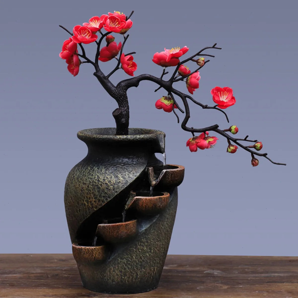 Tabletop Fountain, Vase Shape, Flowing Water, Simulated Flowers, Resin, Low Noise Pump, for Home Decoration, Office Desk, Living Room, Bedroom, Art Decor, Relaxing