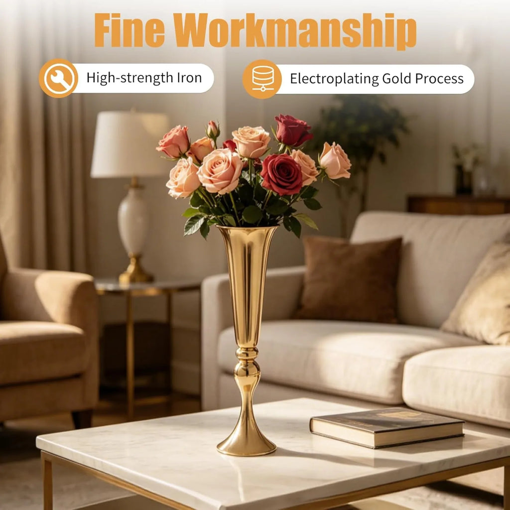 6 Pcs 22.2" Tall Gold Vases for Centerpieces, Tall Wedding Flower Vase with Gold-Plated Finish, High-Foot Design, Metal Trumpet Centerpieces/ Vases for Wedding Party Event