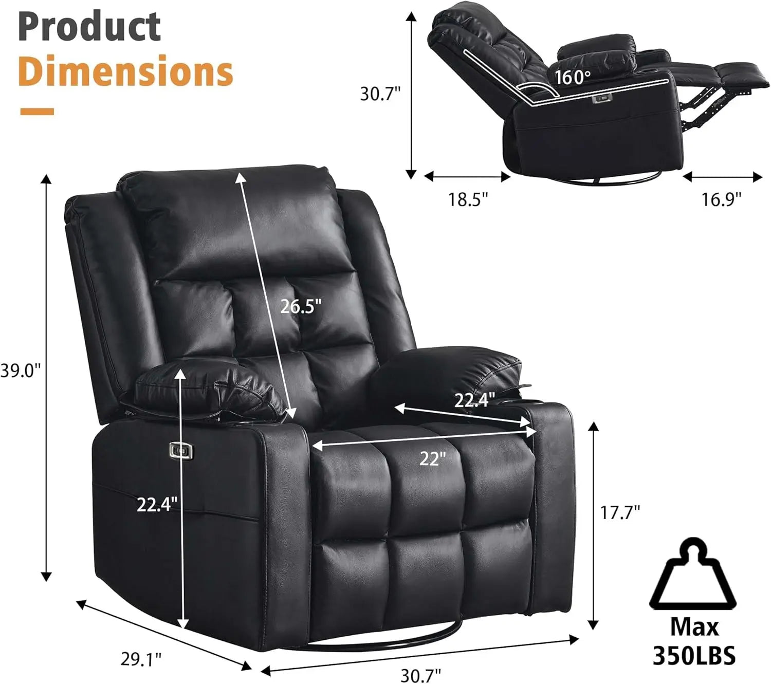 Power Swivel Rocker Recliner Chair for Adults with Massage and Heat, USB and Type-C Ports, Infinite Position, Electric Leather