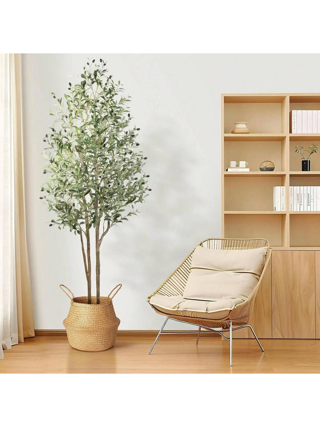 Artificial Olive Tree - 5-7ft (60-84in) Realistic Silk Plant with Natural Wood Trunk and Lifelike Fruit
