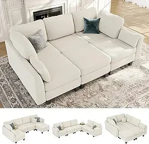 6-Seater Beige Sectional Sleeper/Sofa with Comfortable Modular Couches and Convertible Sofas Featuring Ottoman Storage