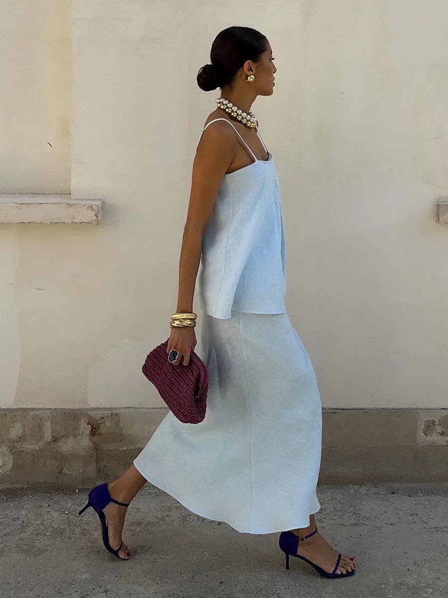 2026 Spring Summer New Cotton Women's Cami Skirt Set Elegant Lazy Cami Mermaid Maxi Skirt Two-Piece Outfit