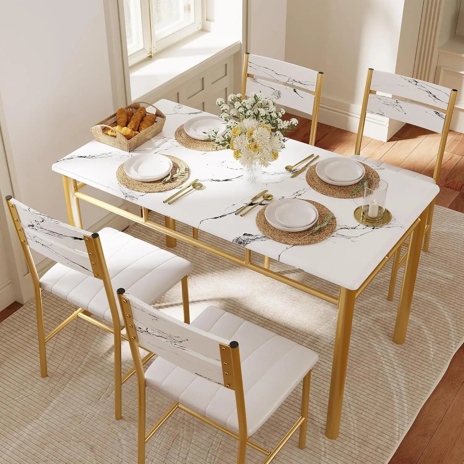 Dining Table Set for 4, Wood Kitchen Table with Upholstered Chairs for Kitchen & Dining Room
