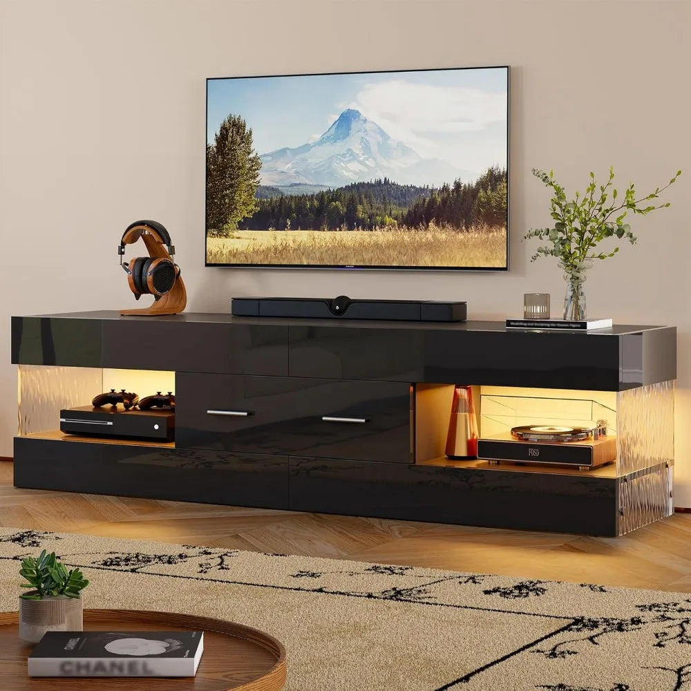 TV Stand for 55/60/65" TV, High Gloss Modern TV Stand with Stone-Patterned Side Panels, LED Entertainment Center