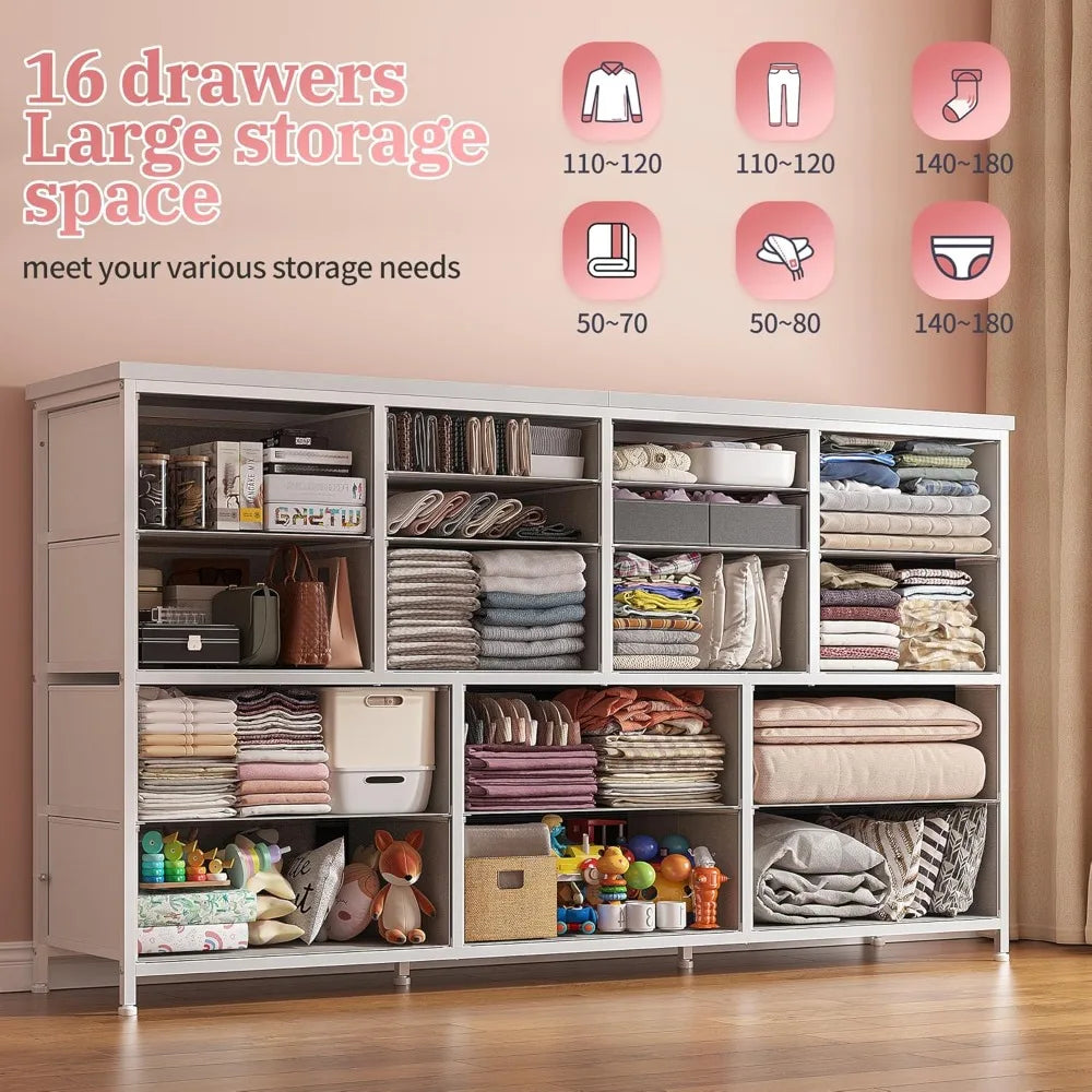 Dresser TV Stand with Power Outlets for 60" TV Stand for Bedroom White Dresser for Bedroom with 16 Drawers, Entertainment Center
