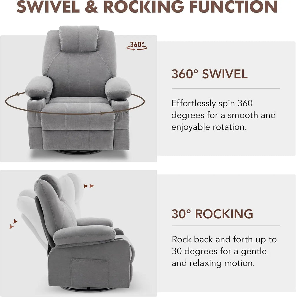 Swivel Rocker Recliner Chair with Heat and Massage, 360 Degree Swivel Recliner Chair