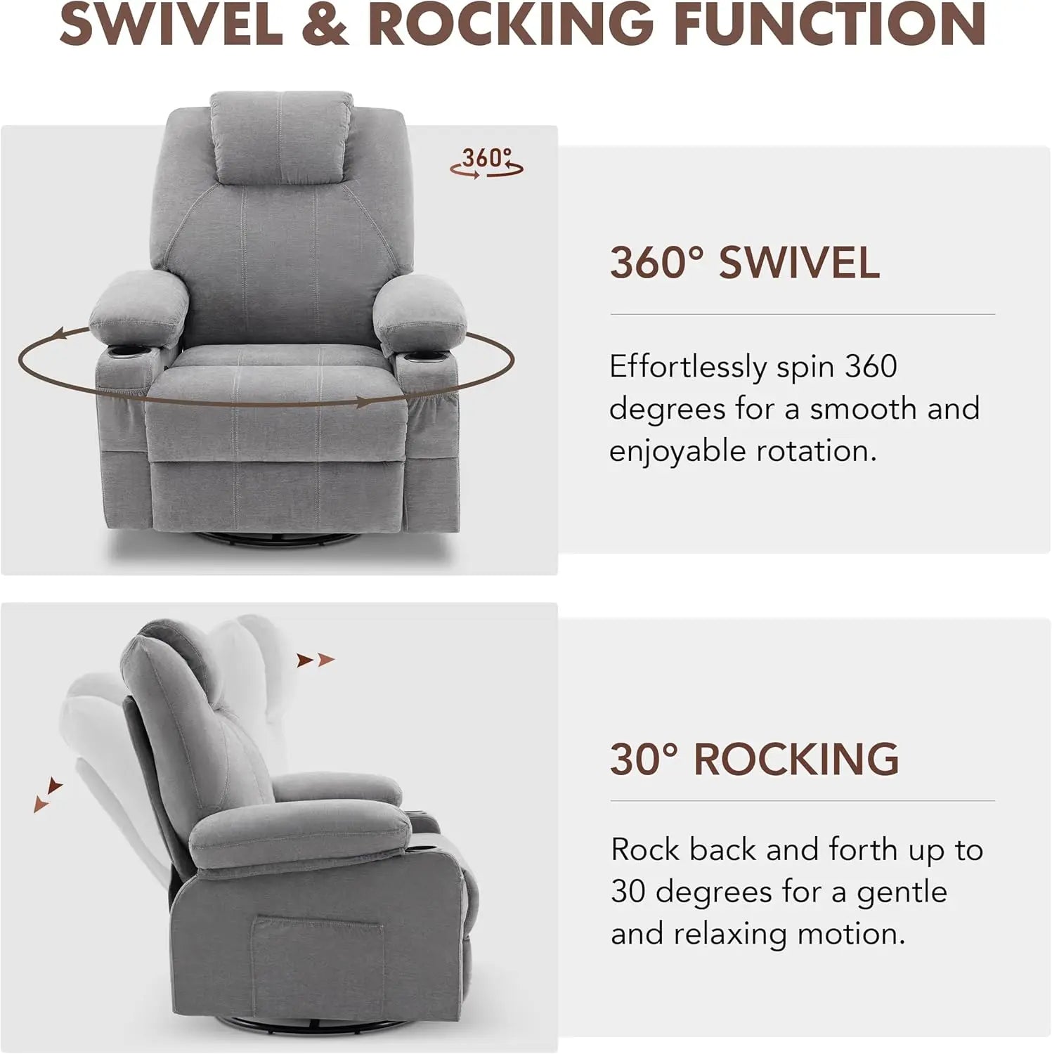 Swivel Rocker Recliner Chair with Heat and Massage, 360 Degree Swivel Recliner Chair