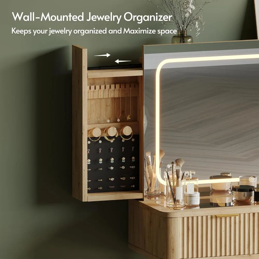 Elegant 48-inch Wooden Makeup Desk with Clear Glass Top, Illuminated Vanity Mirror, and Wall-Mounted Jewelry Holder