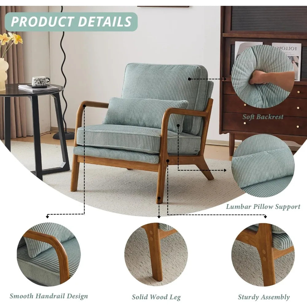 Karl home Mid-Century Modern Accent Chair, Living Room Chairs with Pillow Corduroy Upholstered Lounge Armchair with Solid Wood