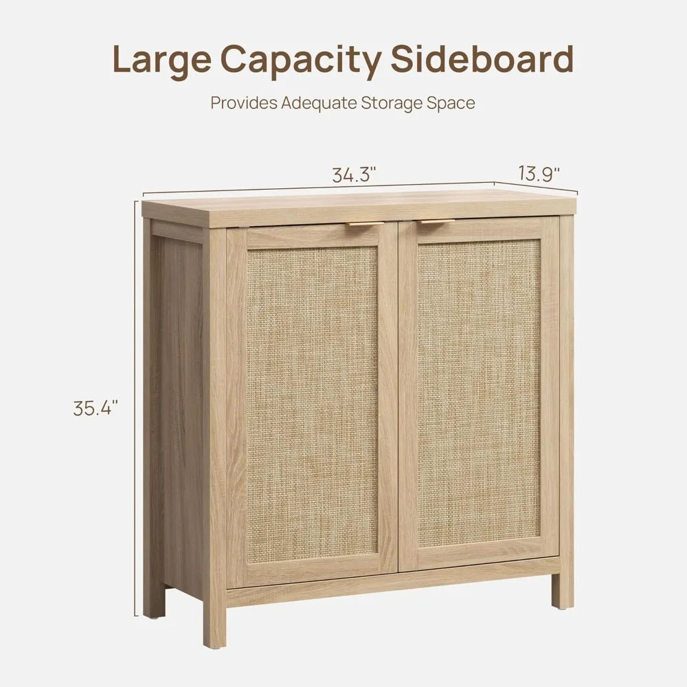 Rattan Sideboard Buffet Cabinet - Boho Large Credenza Storage Coffee Bar Cabinet with Rattan Storage, Buffet Console/ Accent Table