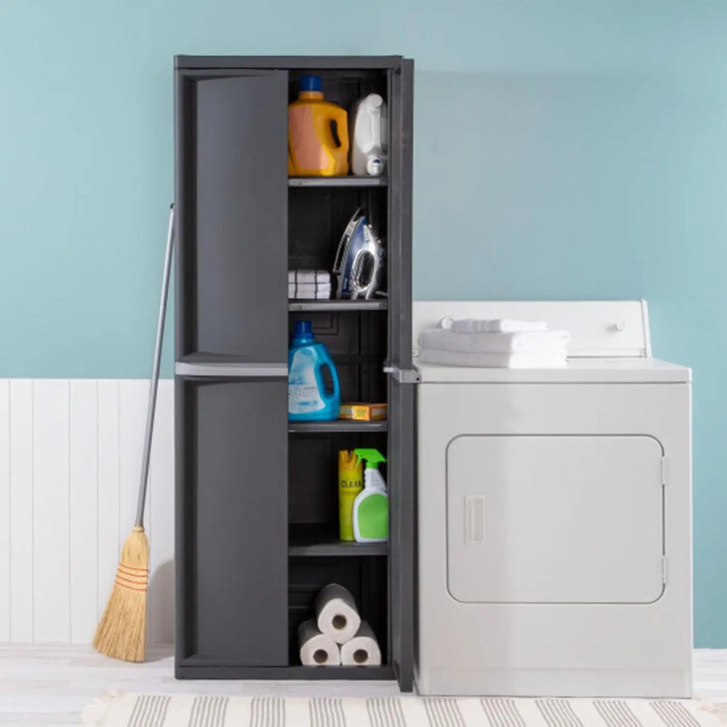 Lockable 4 Shelf Storage Cabinet, Adjustable Plastic Shelving Unit for Garage, Pantry, Basement Organizing