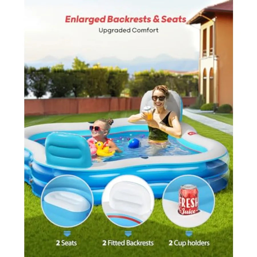 Inflatable Swimming Pool with 2 Seats and Backrests, 80 L x 80 W x 16.5 D Large Full-Sized Family Pools for Backyard, Garden, O
