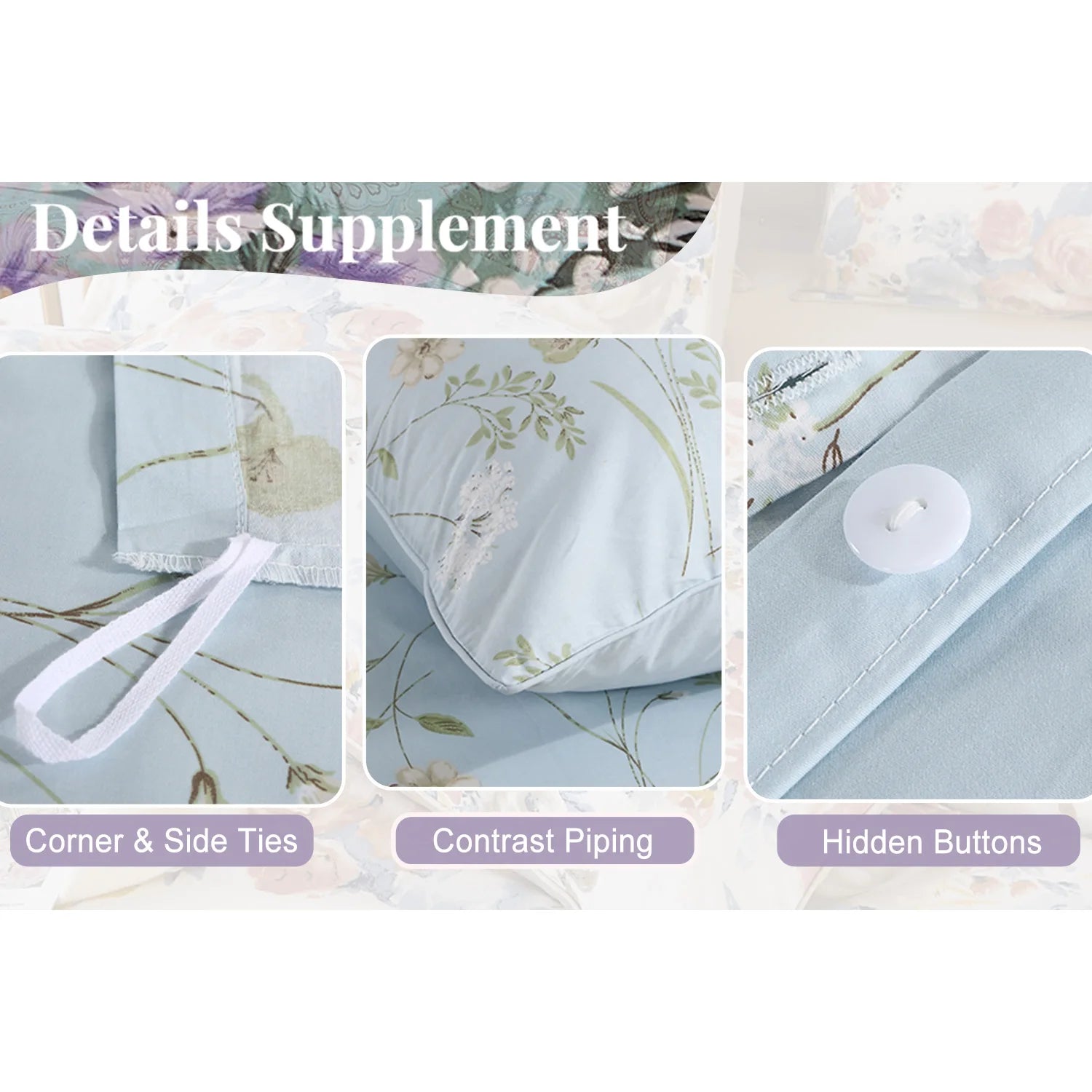 3pcs 600TC 100% Egyptian Cotton Duvet Cover Set, Light Blue Shabby Chic Floral, Soft Skin-Friendly