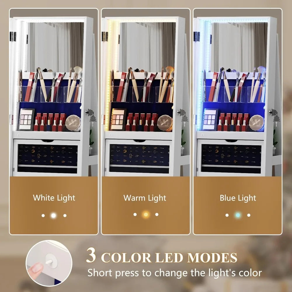 Mirror Jewelry Cabinet Standing, 360° Swivel Jewelry Armoire with Full Length Mirror, Lockable Mirror with Jewelry Storage