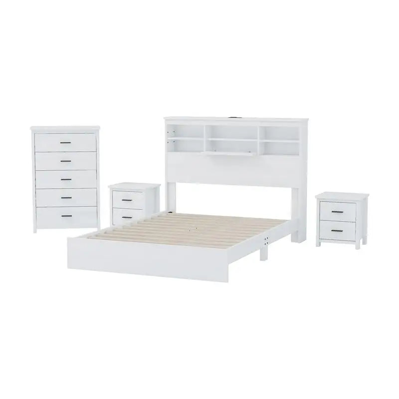 Vintage Queen Bedroom Set, 4 Pieces - Wooden Bed Frame, 2 Nightstands & 1 Dresser in White Finish