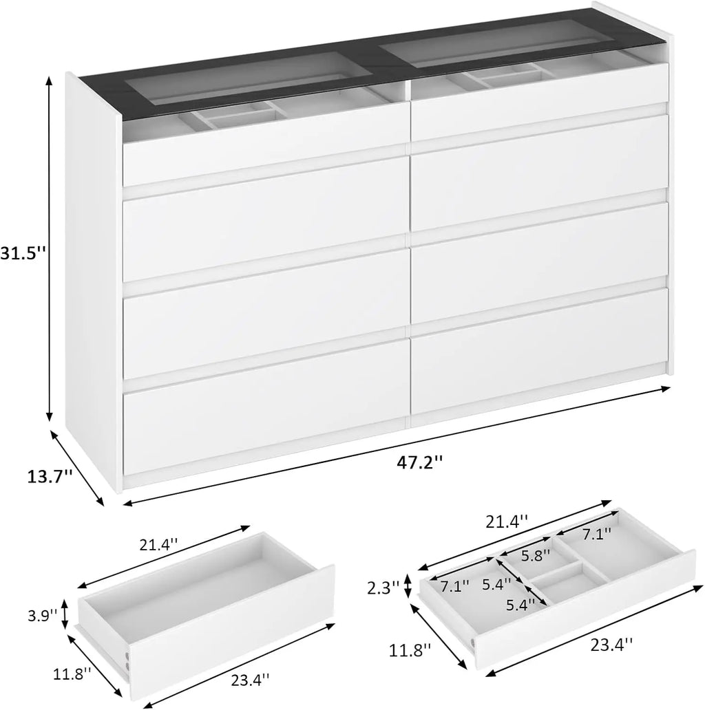 White 8 Drawer Dresser, Modern Chest of Drawers, Jewelry Dresser Display with Glass Top and LED Light