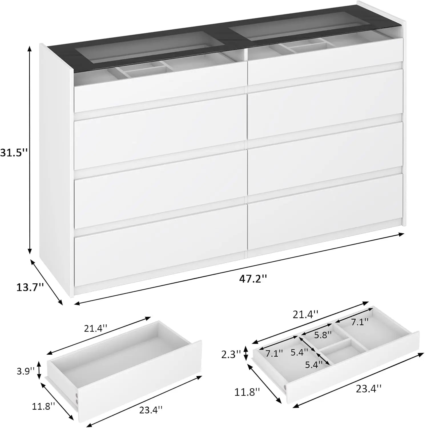 White 8 Drawer Dresser, Modern Chest of Drawers, Jewelry Dresser Display with Glass Top and LED Light