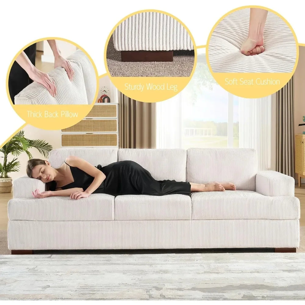 89" Comfortable 3-Person Sofa with Wooden Legs, Deep Seating White Corduroy Modern Couch for Living Room