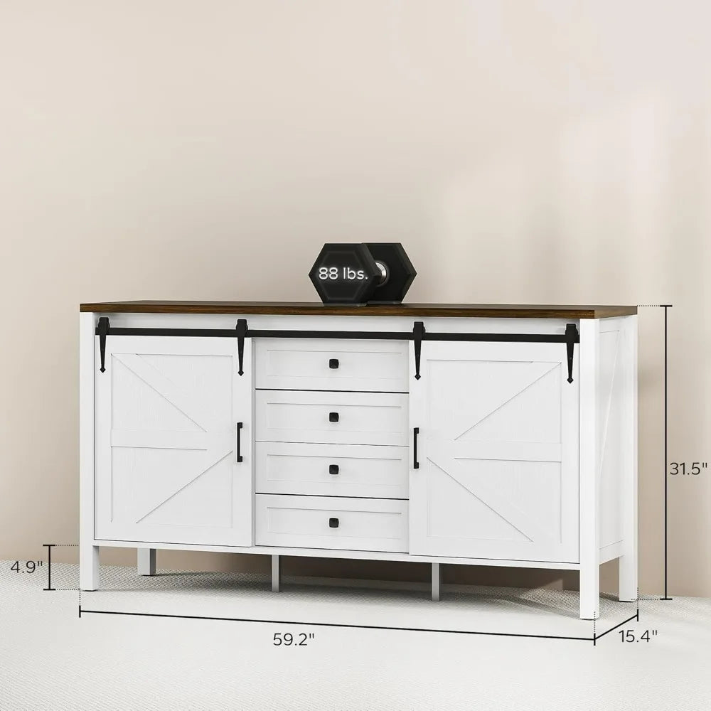 59 Farmhouse Style Buffet Cabinet with Thick Top, Coffee Bar with Sliding Barn Doors, 4 Drawers and 2 Shelves