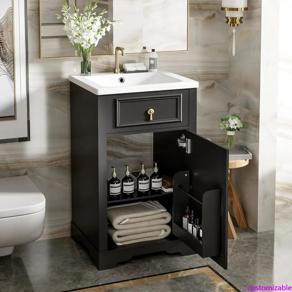 Contemporary 20-Inch Bathroom Vanity Set with Single Sink, Solid Wood Cabinet, Soft Closing Door and Adjustable Features