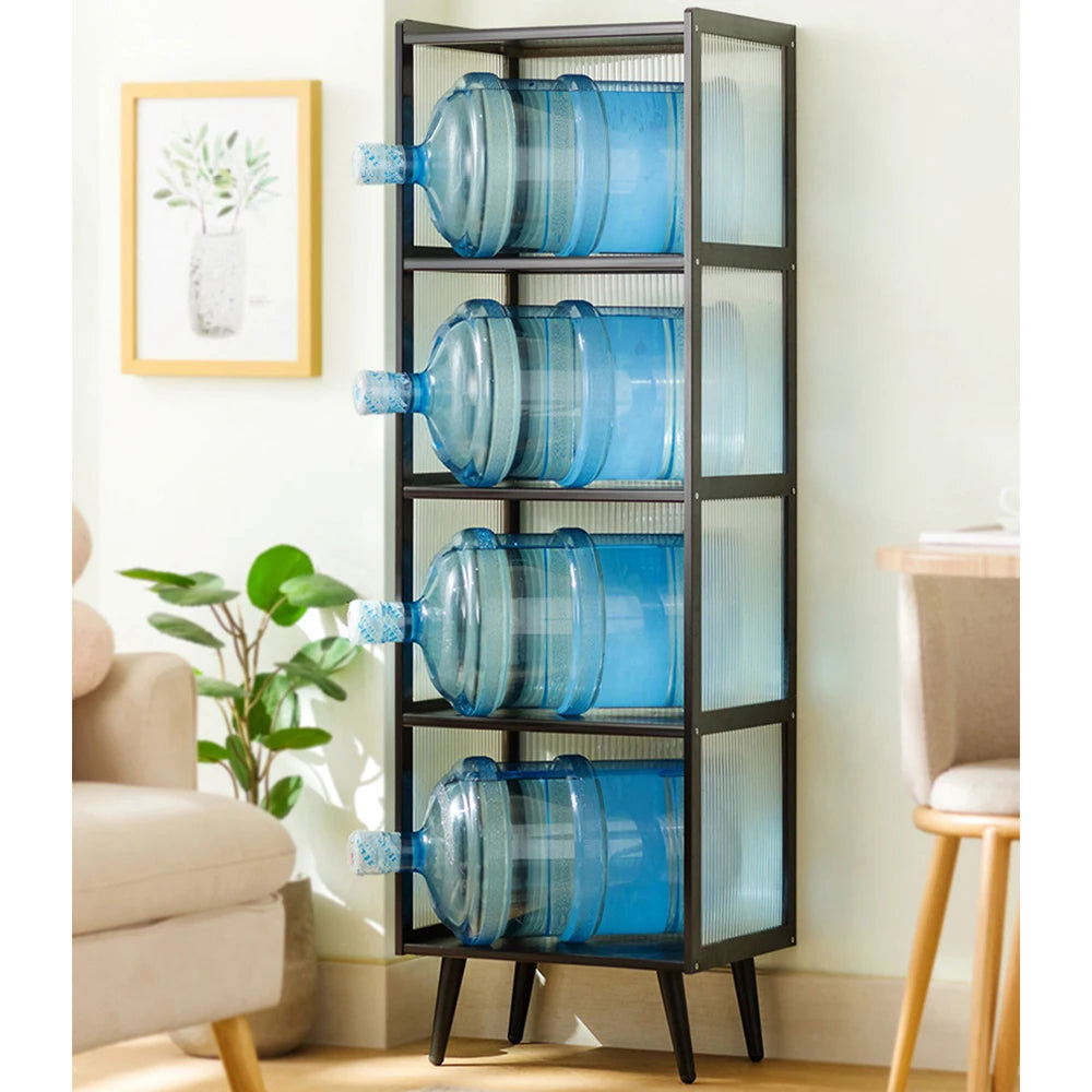 4-Tier Black Metal Display Cabinet with Fluted Acrylic Doors/ Stackable Dustproof Figurine/ Collectibles Showcase Open/Closed Combo Bookshelf Freestanding Toy Figure Storage Shelf for Living Room Home Decor
