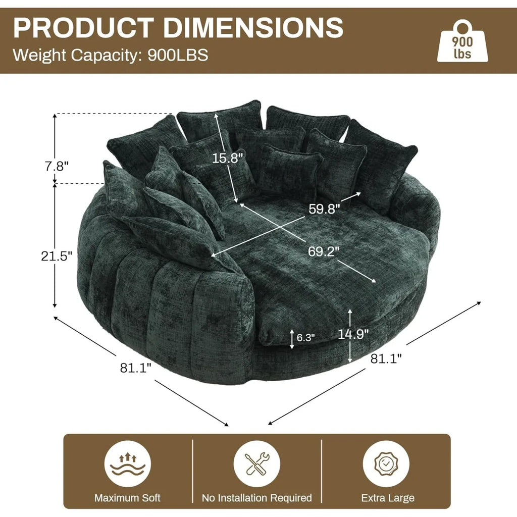 81" Round Bean Bag Chaise Lounge, Plush Sofa Includes 14 Pillows, Emerald