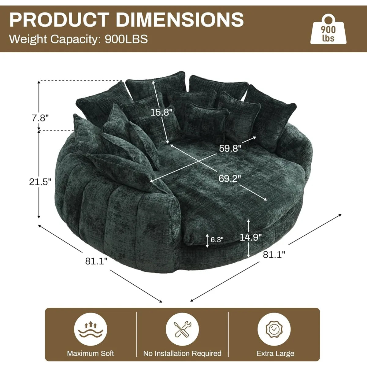 81" Round Bean Bag Chaise Lounge, Plush Sofa Includes 14 Pillows, Emerald