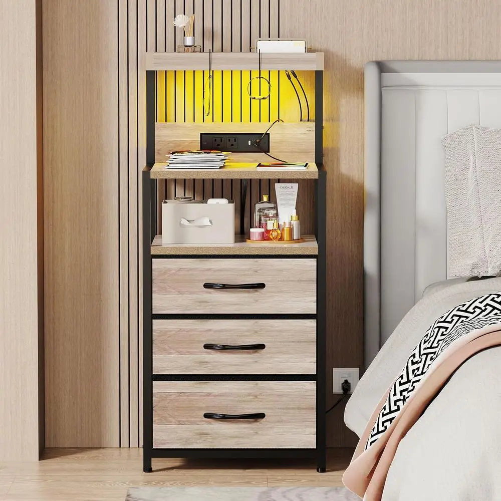 LED Lighted 3-Drawer Nightstand with Charger Station, Storage Shelves, and Hooks for Bedroom or Dorm