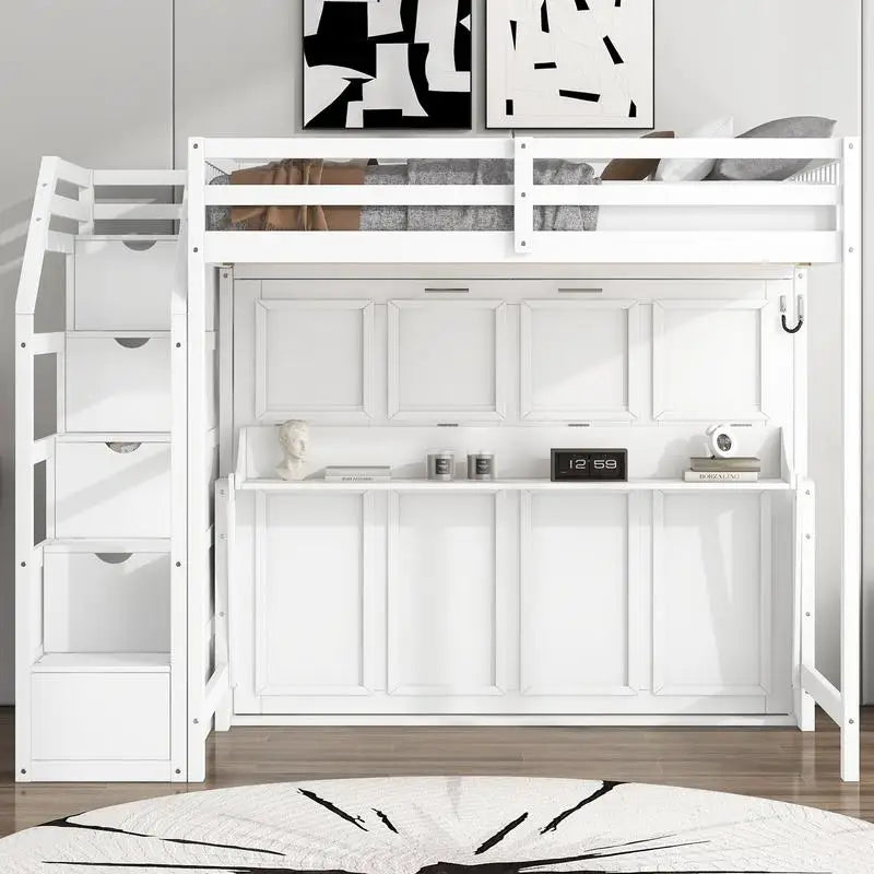 Full XL Loft Bed with Storage Staircase and Murphy Bed, LED Light, White Finish