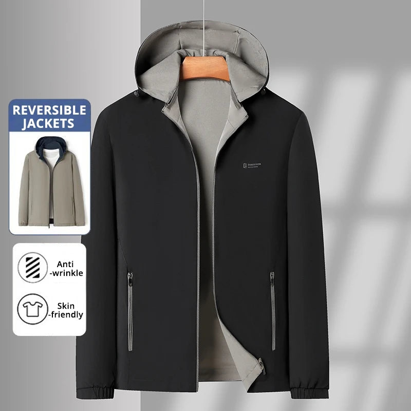 Premium Wrinkle Free Reversible Waterproof Men's Blazer Jacket/ Detachable Hooded Windbreaker/ Business-Casual, Lightweight Coats