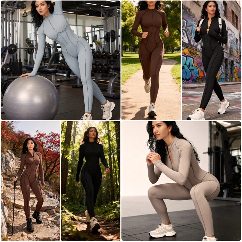 Women's Running Onesie Athletic Romper/ Pants, Long Sleeve, Zip Up Hiking Outfits, One Piece Workout Jumpsuit