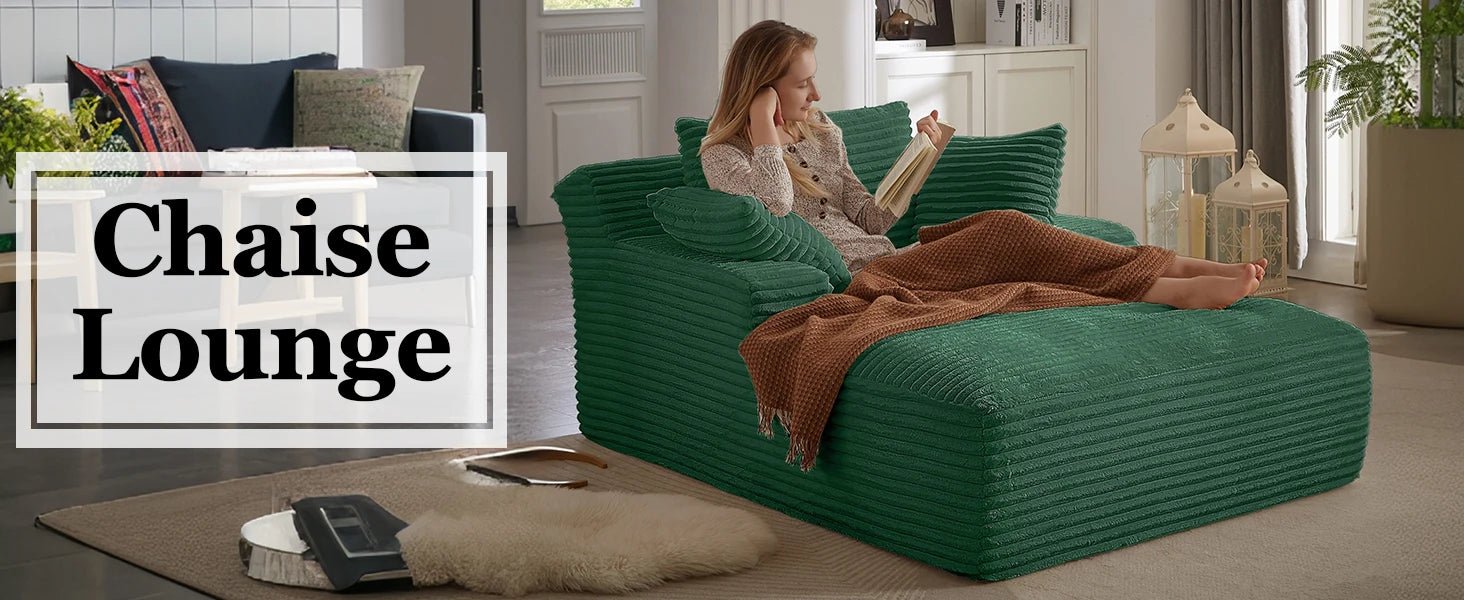 Oversized Chaise Lounge Chair with 3 Comfy Pillows for Living Room/ Bedroom, Wide Arms/ Corduroy Fabric/ High-Density