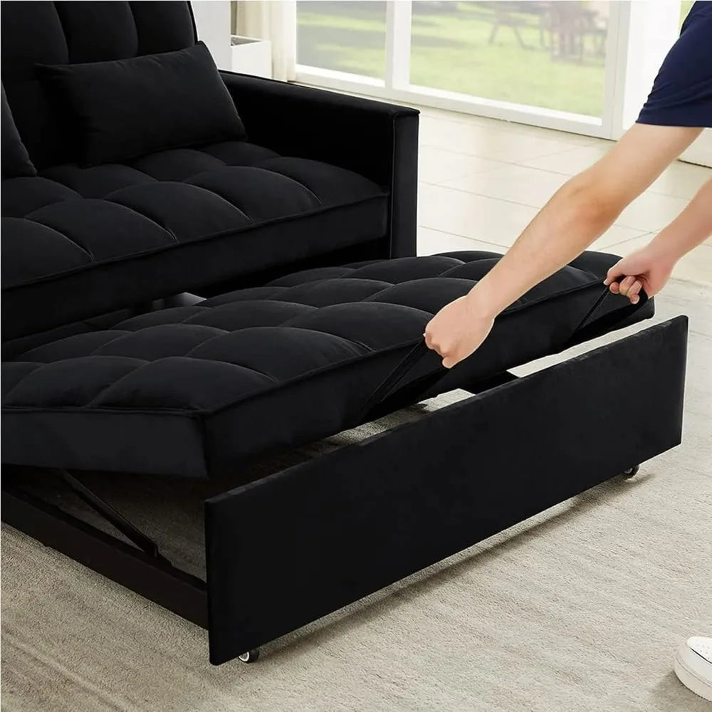 55 Inch 3-in-1 Sleeper Loveseat, Velvet Futon Sofa with Adjustable Reclining Backrest and Pull Out Couch, Includes Pillows