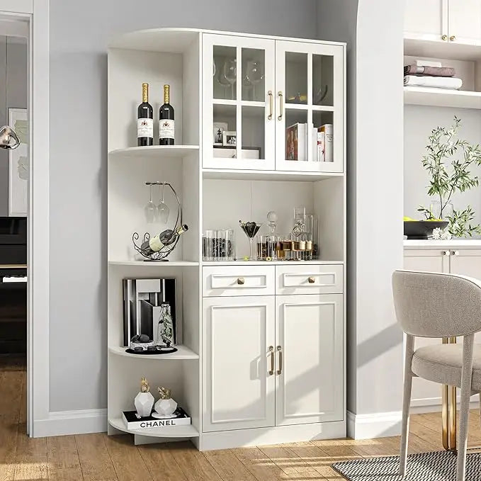 71" Tall Corner Pantry Storage Cabinet with Charging Station, 40" wide Kitchen Hutch Cabinet with 4 doors and 2 Drawers, Farmhouse