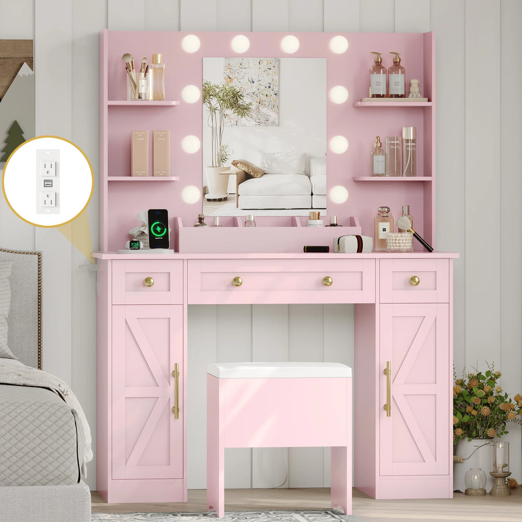 White Vanity Desk Set with Lights, Vanity Table with Charging Station
