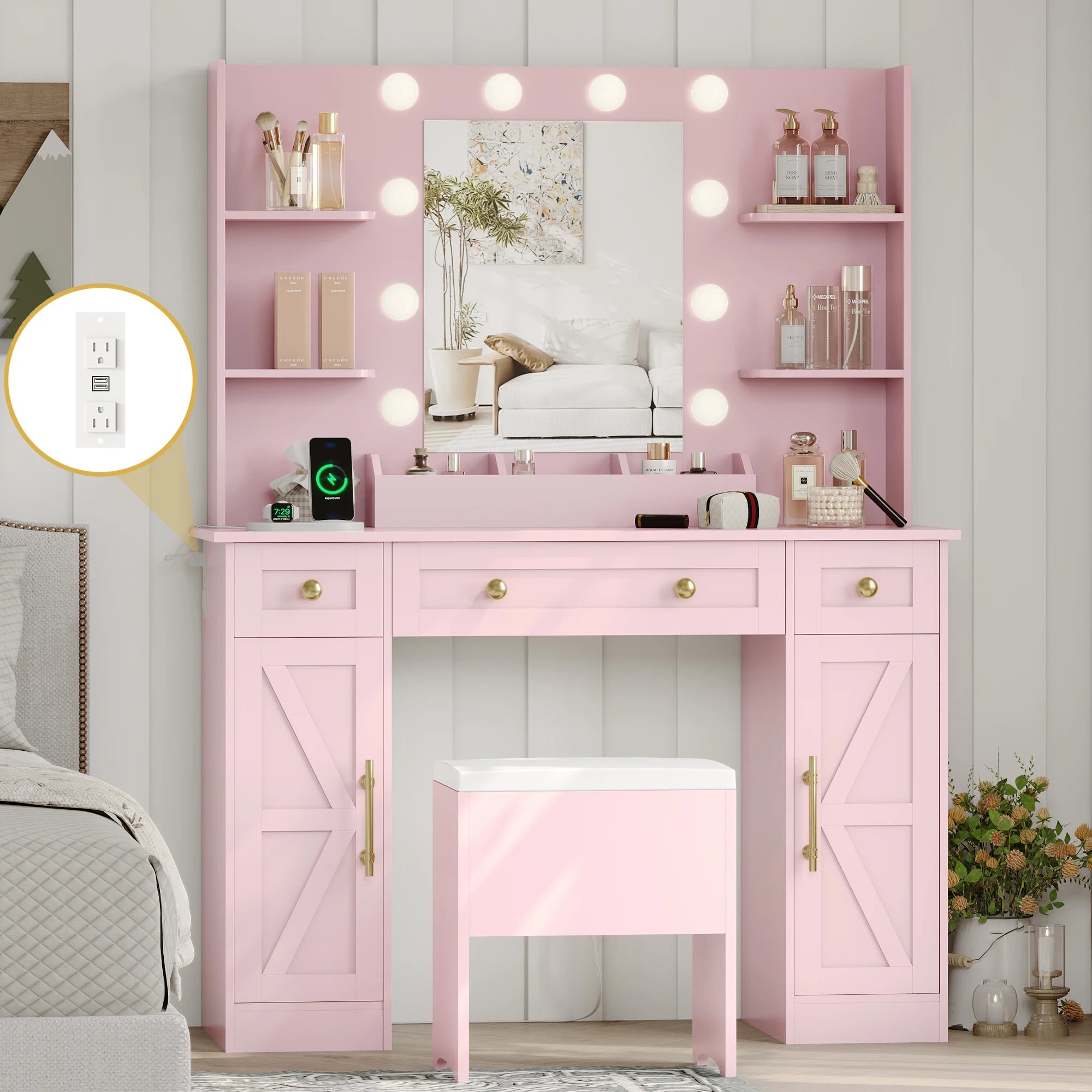 White Vanity Desk Set with Lights, Vanity Table with Charging Station