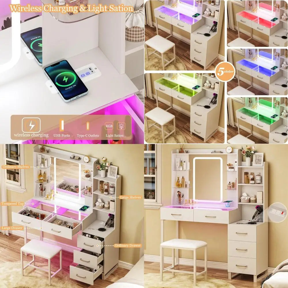 Luminated 43" Makeup Vanity Desk with Glass Surface and Wireless Charging, Featuring LED Drawers in 3 Color Options