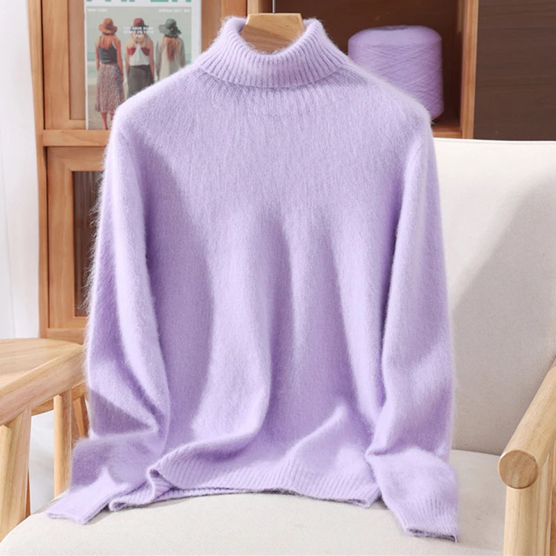 Autumn And Winter 100% Mink Cashmere Sweater, Ladies' High Lapel Solid Color Padded Pullover Wool Knitted Bottoming Shirt